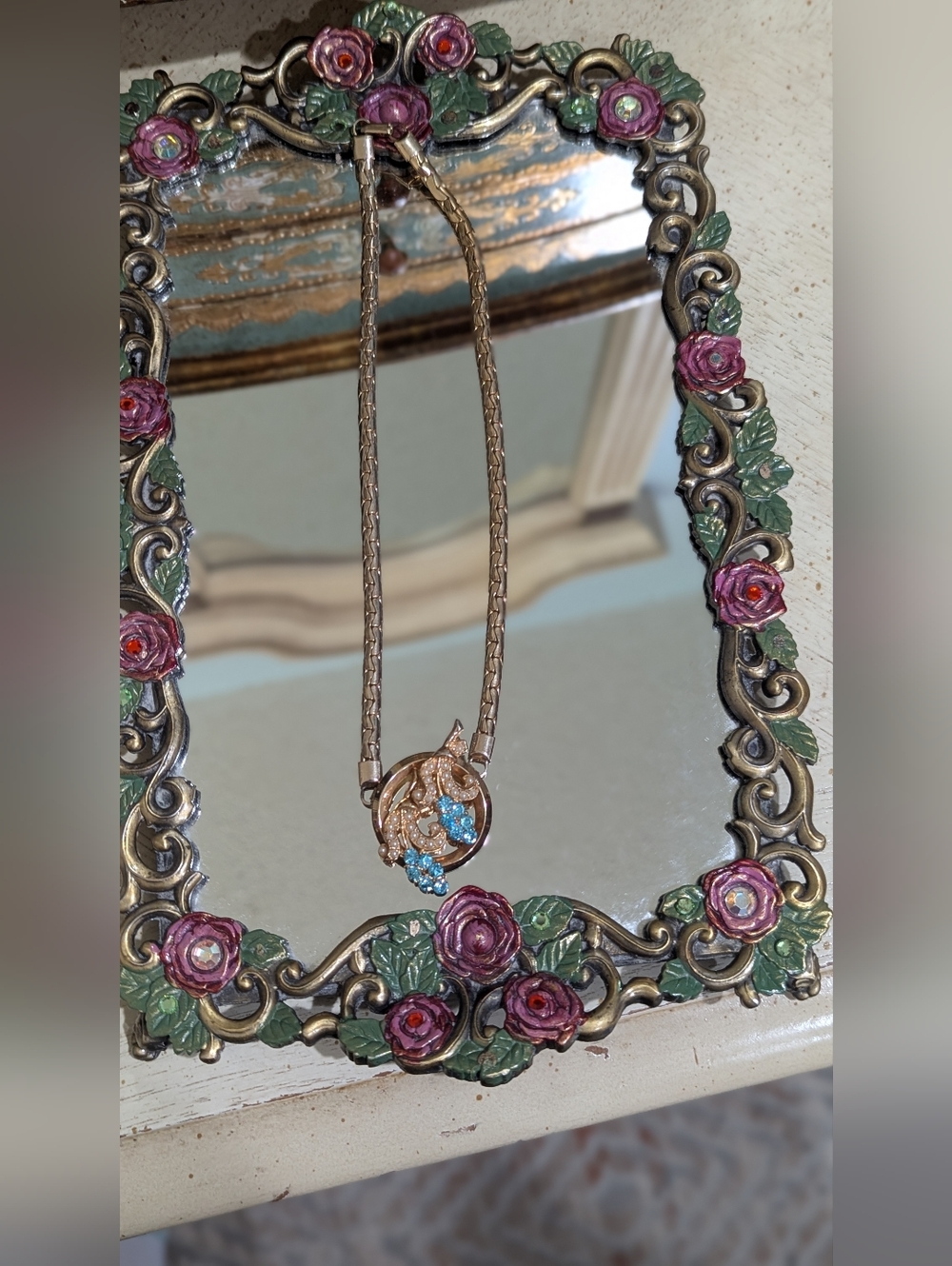 Gold-Tone Necklace with Blue Crystal Accent - Women Jewelry Coro Art Deco Style